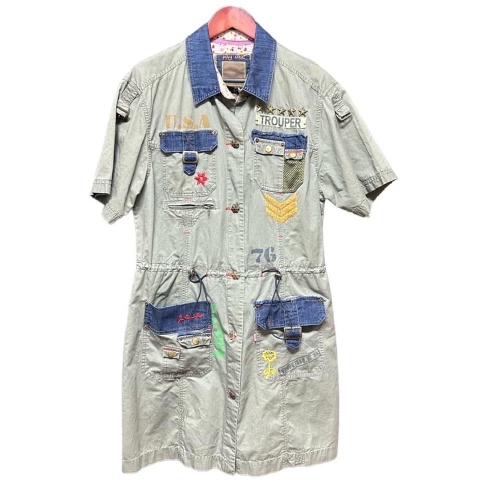 Double D Ranch Olive Green Utility Dress with Denim Collar and Pocket Accents